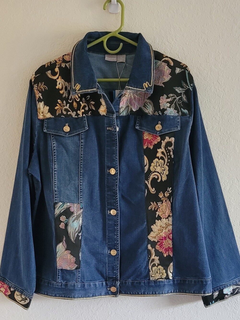 Chico's Denim Jacket with Black Floral Brocade Accents